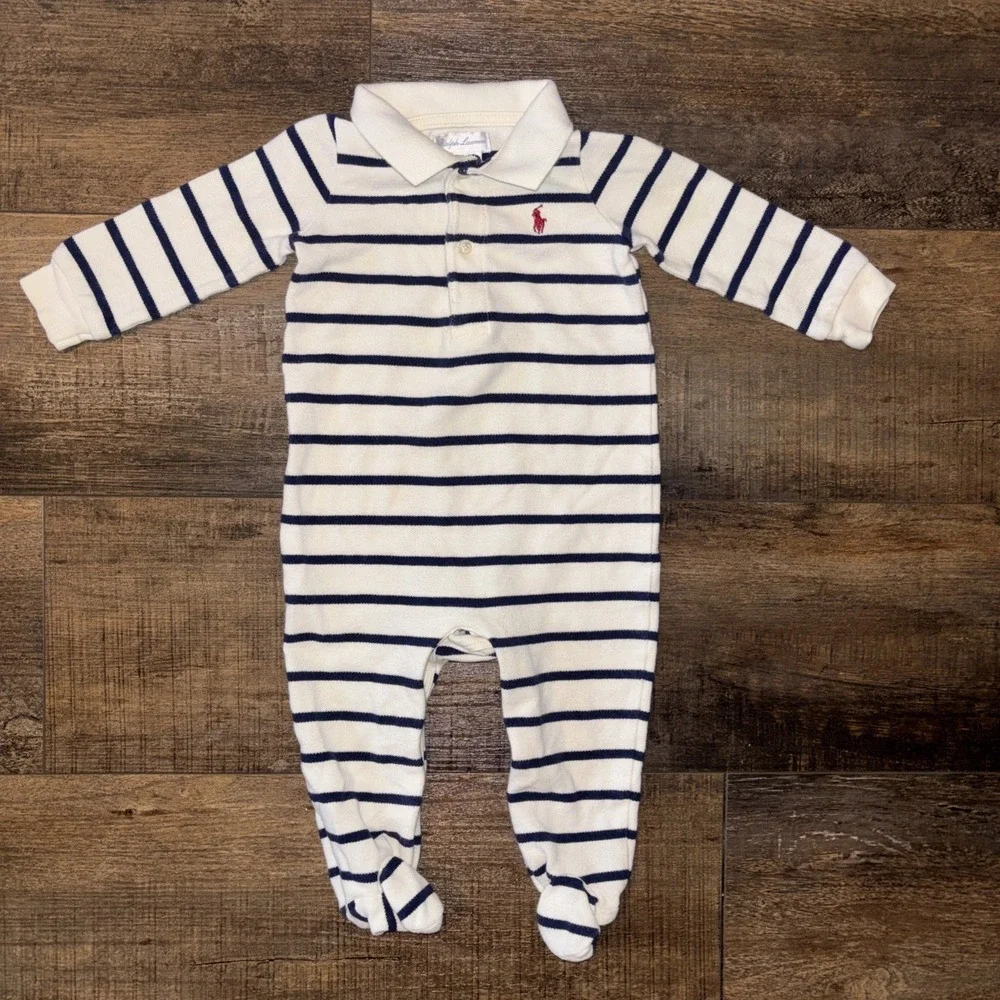 Ralph Lauren Baby Boys Sleeper Outfit 6 Months White Navy Stripes Collar Preppy